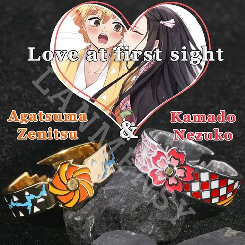Vista 2 de LANMENSY Anillos de pareja de anime de plata de ley 925 Demon Slayer para hombres y mujeres, anillos a juego para parejas, juego Kimetsu No Yaiba