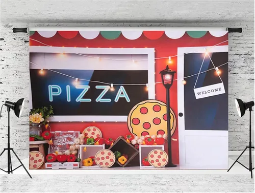 Vista 2 de Pizzería Fiesta de Cumpleaños Fondo de fotografía para niños, decoración de retratos, decoración de retratos, telón de fondo de vinilo para estudio