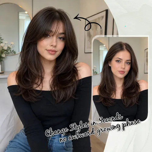Vista 3 de Ms Taj Flequillo de cobertura de 360° de cabello humano real, extensiones de cabello con clip de aspecto natural para mujer, flequillo falso