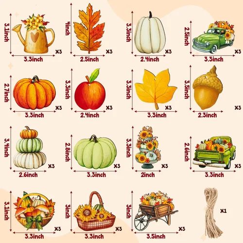 Vista 2 de Haooryx Adorno colgante de madera de acuarela de otoño, 46 piezas de calabaza de otoño, hojas de arce, flores de madera, colgante decorativo