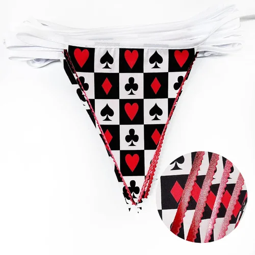 Vista 2 de Decoraciones de fiesta de casino de 32 pies, pancarta roja y negra, bandera triangular, banderines de tela para noche de juegos, temática de Las