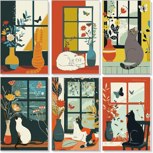 Vista 12 de Jethami Paquete de 6 pinturas por números para adultos principiantes, fácil de pintar con gato negro, kit de arte de lienzo para decoración de pared