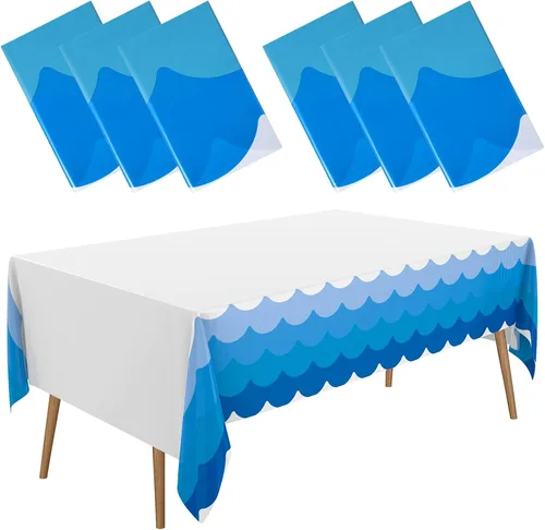 Vista 10 de Irenare 6 manteles con temática de olas del océano de 87 x 108 pulgadas, color azul, rectangular, de plástico, con estampado de agua, mantel