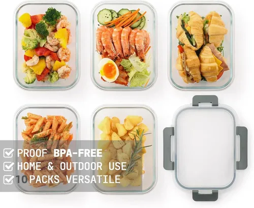 Vista 3 de Cuiselect - Paquete de 10 recipientes de 22 oz de vidrio para preparar comidas con tapas, recipientes reutilizables de vidrio para almacenar