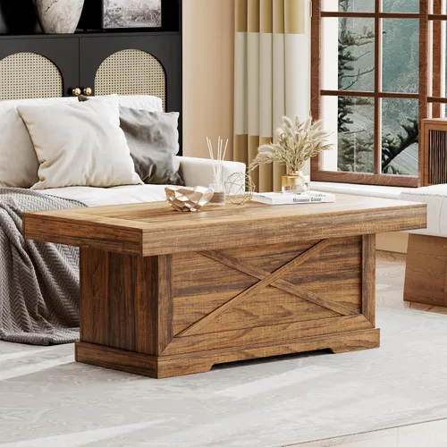 Vista 6 de Mesa de café Lareth 39 pulg. Mesa de centro rústica con pedestal de madera en X para sala de estar, ahorro de espacio, mesa de té de diseño