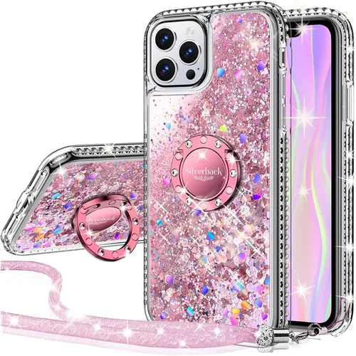 Vista 11 de Silverback - Funda para iPhone 12 con soporte de anillo, color plateado transparente Moving Liquid Holographic Sparkle Glitter, Kickstand, Bling