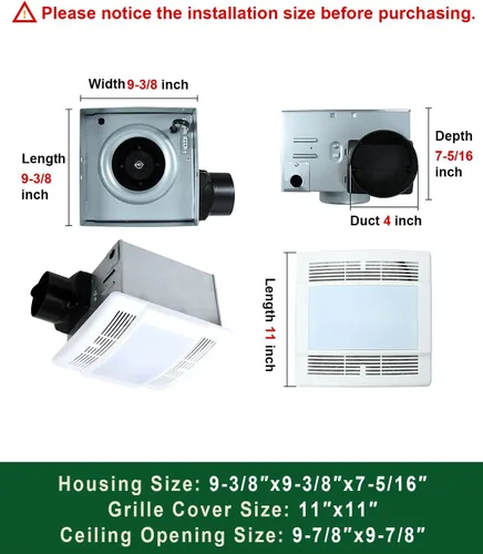 Vista 6 de Akicon Extractor de baño, ultra silencioso de 90 CFM 1.5 Sones Ventilación LED con luz (bombilla LED base E26 de 12 W incluida)