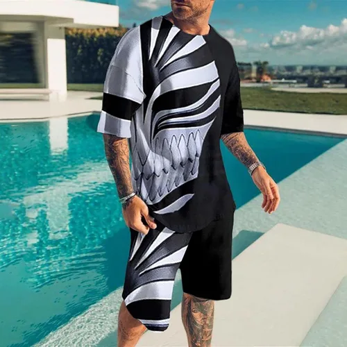 Vista 2 de Conjunto deportivo de 2 piezas para hombre, de verano, casual, cuello redondo, manga corta, camiseta y pantalones cortos deportivos de ajuste clásico