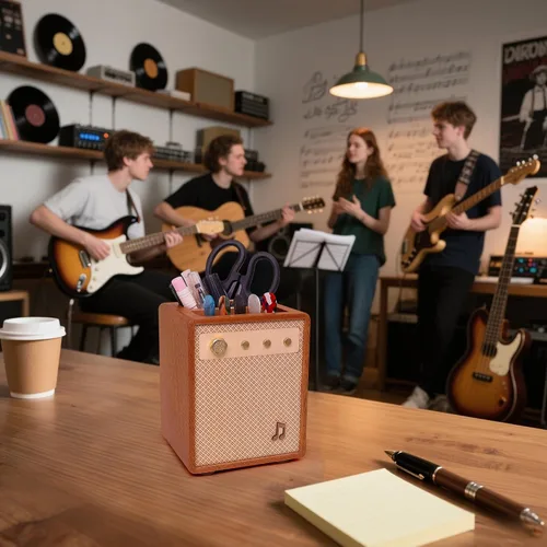 Vista 3 de CoolGift Mart Accesorios para Guitarra, Soporte para Púas de Guitarra de Madera Sapele con Estilo de Amplificador y Almacenamiento para Lápices