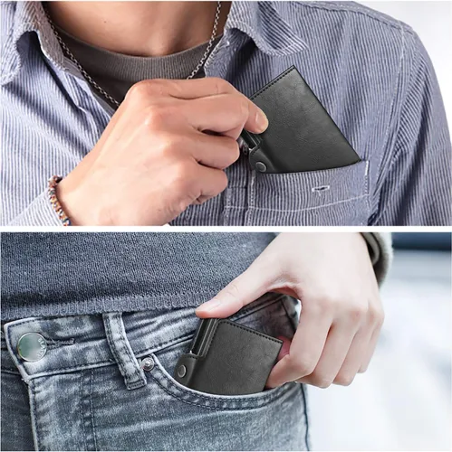 Vista 6 de Tarjetero para hombre, tarjetero delgado para tarjetas de crédito, bolsillo frontal, antirrobo, RFID, autoemergente, para viajes, billeteras