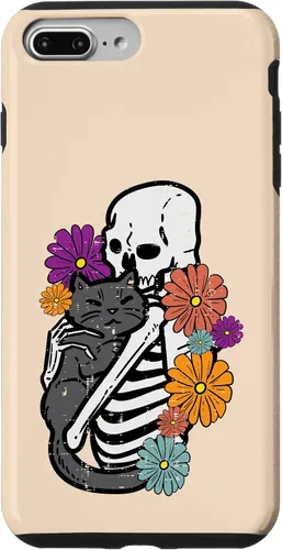 Vista 9 de iPhone 15 esqueleto abrazando flores de gato negro Halloween mujeres niñas caso