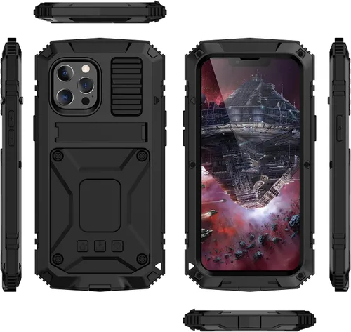 Vista 8 de Lunivop Funda de metal compatible con iPhone 13 Pro Max, protector de pantalla integrado para deportes al aire libre, protección resistente, a Negro