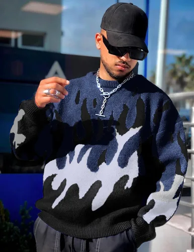 Vista 13 de ZAFUL Y2K - Suéter casual con estampado de llama estética para hombre, suéter de punto holgado, manga larga, cuello redondo