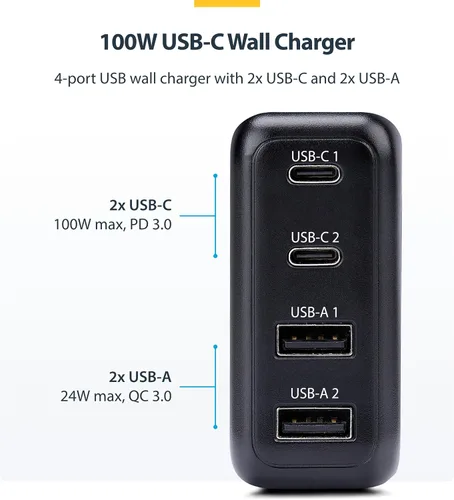 Vista 2 de StarTech - Cargador de pared USB-C GaN de 100 W, adaptador de corriente para MacBook Pro/Air Dell XPS, iPhone 15/Pro, iPad Pro, 2x USB-C/2x USB-A