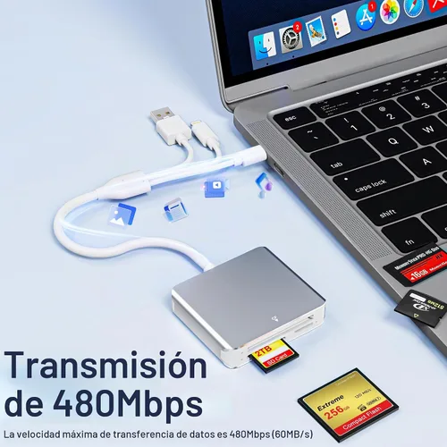 Vista 5 de Adaptador de Memory Stick Pro Duo 5 en 1, lector de tarjetas SD USB C para iPhone con conectores Lightning/USB-C/USB 3.0, compatible con tarjetas