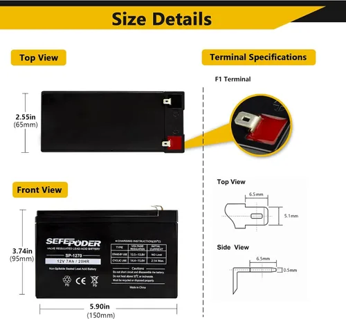 Vista 2 de SEFEPODER Batería de plomo ácido sellada recargable de 12V 7Ah (terminales F1)