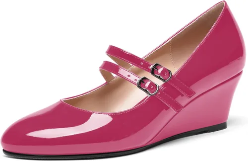 Vista 26 de SHOWFOREST Zapatos de tacón bajo con hebilla de punta redonda para mujer, con correa ajustable y correa ajustable, 2 pulgadas Beige