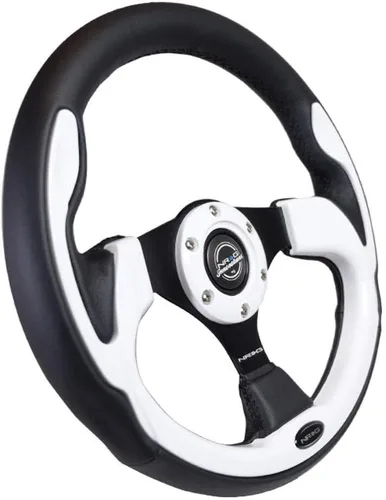 Vista 2 de NRG Innovations NRG-RST-001WT - Volante reforzado de 13.780 in de cuero deportivo de carreras (2.5 pulgadas de profundidad) agarre cómodo, radios
