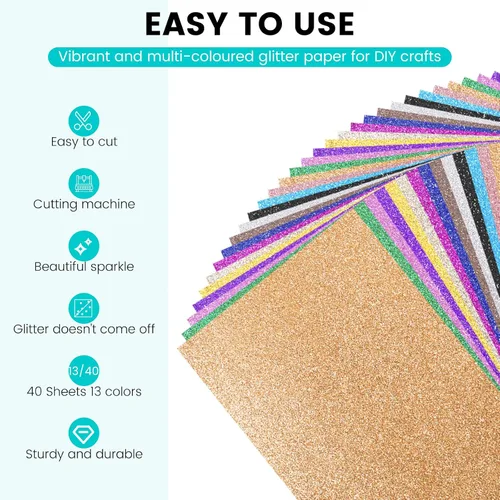 Vista 5 de 40 hojas de cartulina con purpurina HTVRONT de 300GSM - 13 colores de cartulina con purpurina, papel de cubierta de 110lb A4, cartulinas gruesas