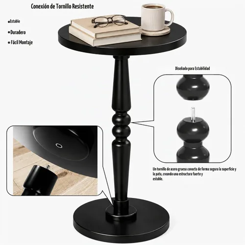 Vista 5 de Mesa auxiliar redonda para espacios pequeños, mesita de noche pequeña con parte superior de madera maciza y pata de pedestal, mesa moderna