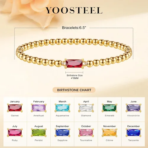 Vista 5 de Yoosteel Pulsera delicada con piedra natal para mujer, pulseras elásticas chapadas en oro de 14 quilates, joyería de cumpleaños de amistad de moda