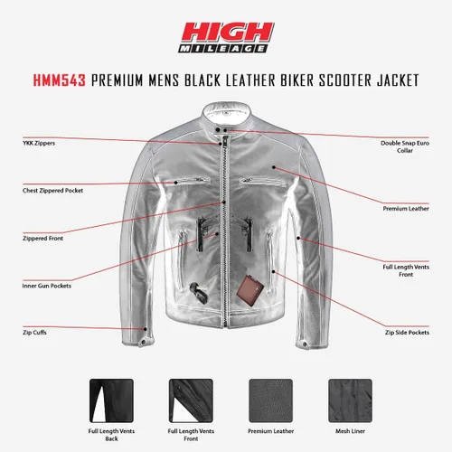 Vista 7 de Chaqueta de motociclista de cuero vacuno prémium para hombre con dos bolsillos ocultos