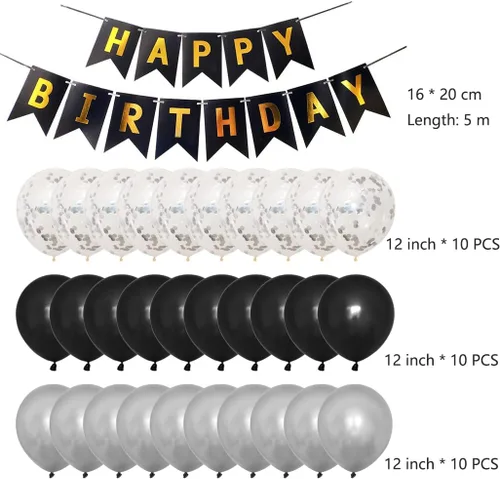 Vista 4 de Juego de decoraciones de fiesta de cumpleaños número 14 para niñas, niños, mujeres y hombres, pancarta de letras negras de feliz cumpleaños, globos
