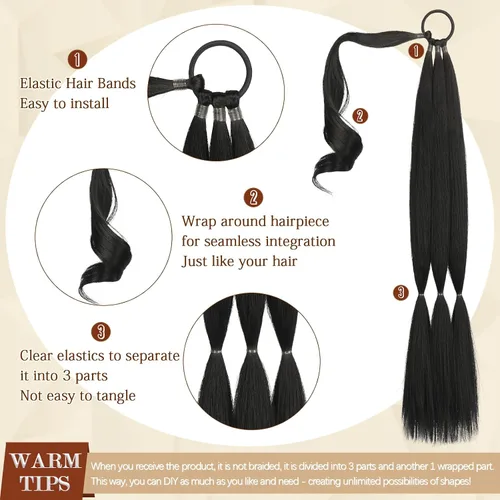 Vista 18 de SOFEIYAN Extensión de cola de caballo trenzada larga con banda elástica y mechón liso envolvente, extensiones de cabello naturales suaves