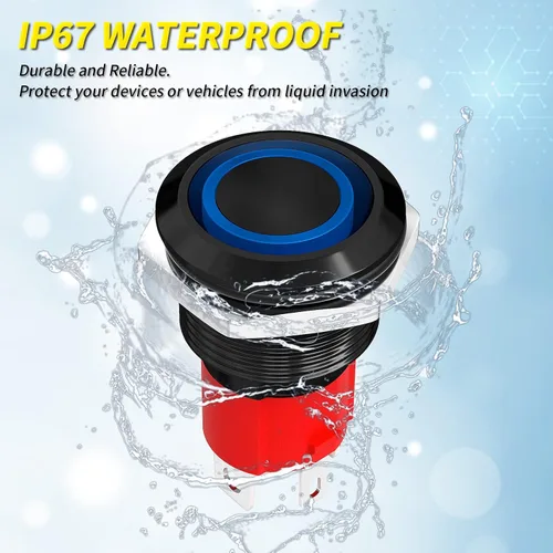 Vista 6 de Joinfworld Interruptor de botón pulsador de 20 A de 12 V con pestillo de 0.748 in con interruptor de encendido y apagado impermeable LED azul de 12
