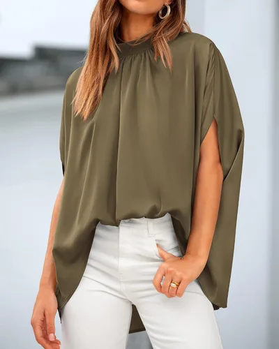 Vista 73 de BTFBM Blusas de verano para mujer, cuello alto falso, manga murciélago, holgadas, dobladillo alto y bajo, blusas informales de gran