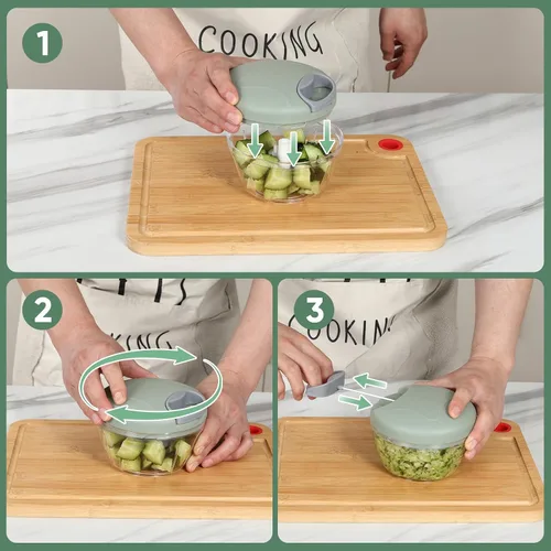 Vista 6 de Picador de alimentos manual, picador de ajo con contenedor, cortador de cocina de verduras, procesador de alimentos de mano con cuerda de tracción