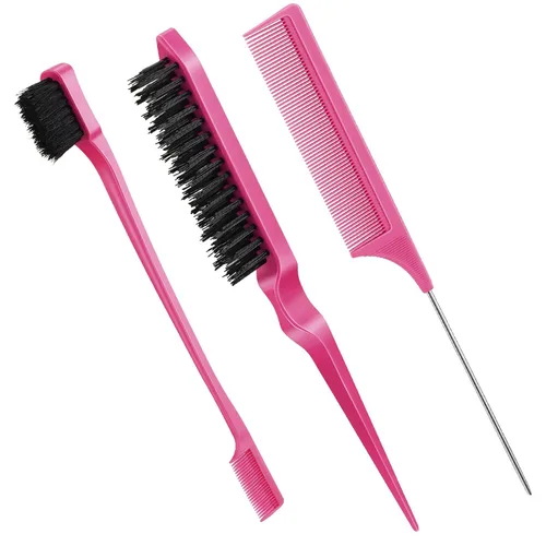 Vista 12 de Geiserailie Juego de 3 cepillos para cabello peinado hacia atrás, cepillo de cerdas, control de bordes, peine para desenredar para cabello negro