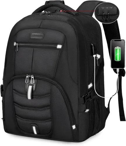 Vista 19 de Mochila grande de viaje y para laptop, es impermeable, antirrobo, con cerradura y puerto de carga USB, para negocios, hombres, mujeres, escuela