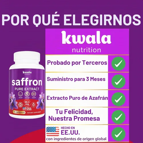 Vista 5 de Kwala Nutrition Suplementos de azafrán para el estado de ánimo y la energía, 88.5 mg de extracto de azafrán puro, suministro para 90 días, 90