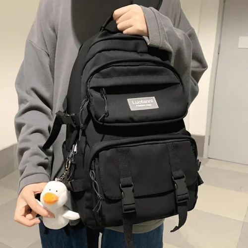 Vista 2 de Moda hombres mochila impermeable nylon mochila kawaii mujeres bolsa de viaje de alta capacidad bolsillos laterales, Negro -, Mochilas de mochila