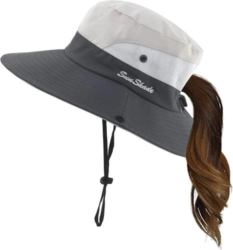 Vista 8 de Sombrero de verano para mujer, ala ancha, protección UV, plegable, para cola de caballo, para playa, pesca, senderismo Beige