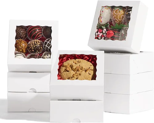 Vista 13 de 20 piezas cajas de panadería elegantes de 6 x 6 x 2.5 pulgadas con ventana, ideales para galletas, fresas cubiertas de chocolate, pasteles