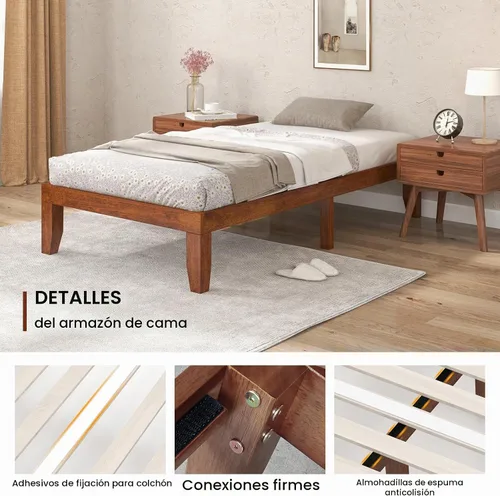 Vista 9 de KOMFOTT Armazón de cama de plataforma de madera de 14 pulgadas, tamaño Twin, base de colchón de madera con marco de madera de caucho, fuerte soporte