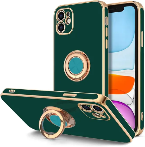Vista 10 de Hython Funda para iPhone 11 con soporte de anillo [soporte de anillo giratorio de 360° con soporte magnético] [borde de oro rosa chapado en brillo]
