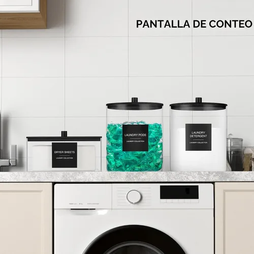 Vista 3 de Paquete de 3 tarros de vidrio y soporte acrílico para secadora, contenedor de cápsulas de lavandería con tapa de bambú y tazas medidoras