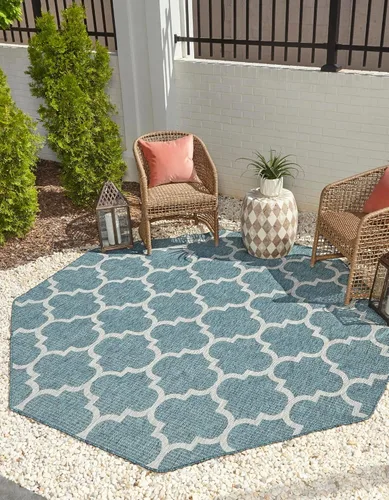 Vista 26 de Unique Loom Outdoor Trellis Collection Alfombra de Área (5' 1" x 8' Oval, Aguamarina/Gris)