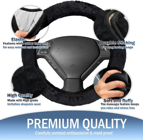 Vista 3 de Forro decorativo Zone Tech antiderrapante de felpa para volante, freno de mano y palanca de cambios - Cómoda cubierta térmica para el volante