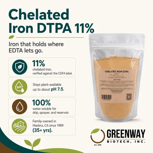 Vista 2 de Greenway Biotech, Inc. Hierro quelado DTPA 11% – para suelos alcalinos (pH 4.0-7.5) – Fertilizante 100% soluble en agua para cítricos, césped e