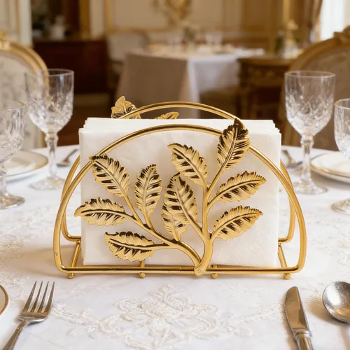 Vista 7 de Servilletero de metal dorado con diseño de hojas, soporte dispensador de pañuelos compacto para cocina, mesa de comedor, restaurante y uso en fiestas
