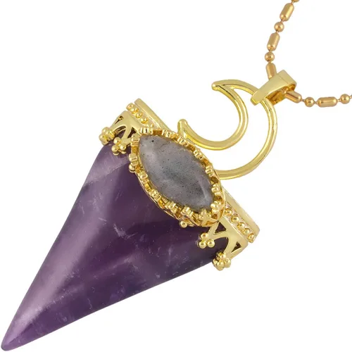 Vista 2 de TUMBEELLUWA Collar con colgante de piedra de cristal curativo natural para hombres y mujeres, collar cónico de reiki con piedra de labraorita ovalada
