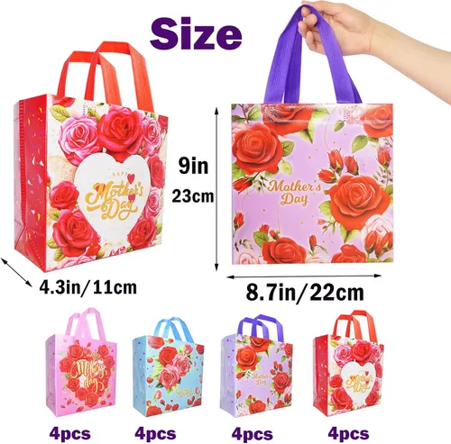 Vista 2 de HADDIY Bolsas de regalo para el Día de la Madre con asas, 16 bolsas de dulces florales no tejidas a granel para envoltura de regalos y recuerdo