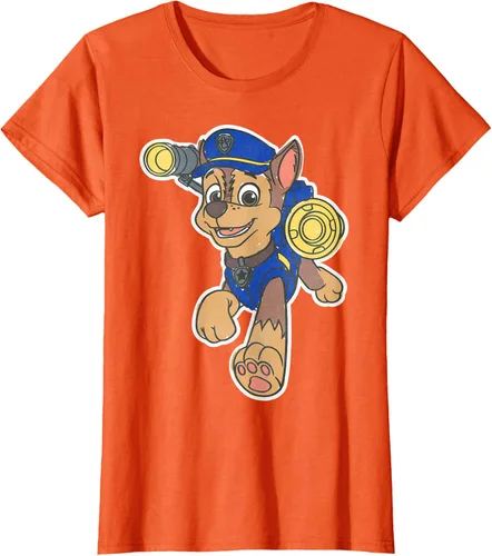 Vista 45 de Paw Patrol Chase Character Patch - Camiseta negra de manga corta con cuello redondo y ajuste clásico, talla S Negro
