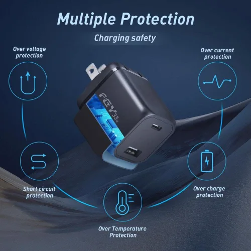 Vista 5 de FGY Cargador de pared USB C, cargador rápido GaN II de 30 W, bloque de carga de doble puerto, carga rápida para iPhone17/16/15/14/Pro Negro-Paquete