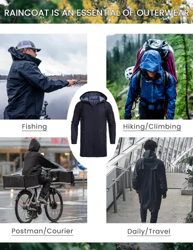 Vista 4 de COOFANDY Chubasquero largo para hombre, chaqueta impermeable para exteriores, con capucha