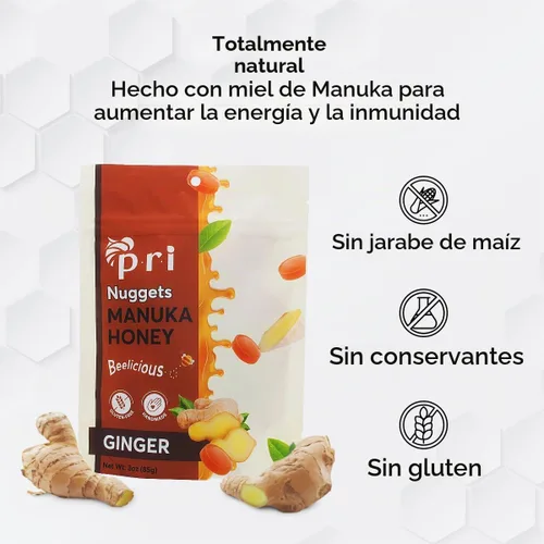 Vista 3 de P.R.I Nuggets de miel y jengibre de Manuka, dulce y totalmente natural, caramelo duro, 3 onzas